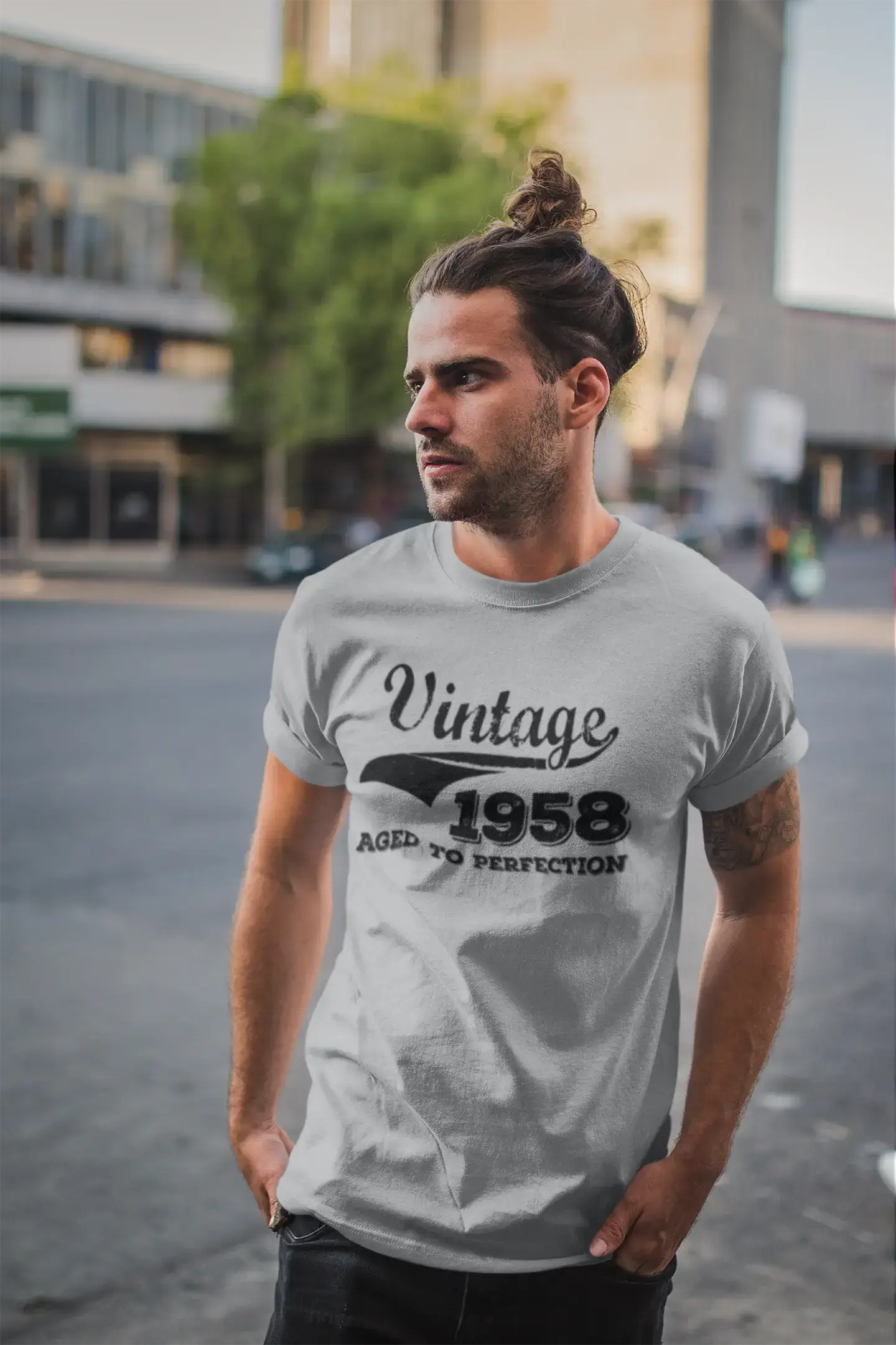 Vintage Aged to Perfection 1958, Grau, Herren-Kurzarm-Rundhals-T-Shirt, Geschenk-T-Shirt 00346