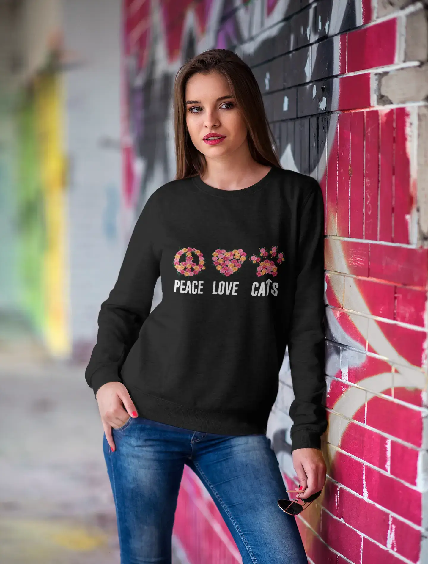 ULTRABASIC Damen Sweatshirt Peace Love Cats – Love Cat Paws – Cute Sully