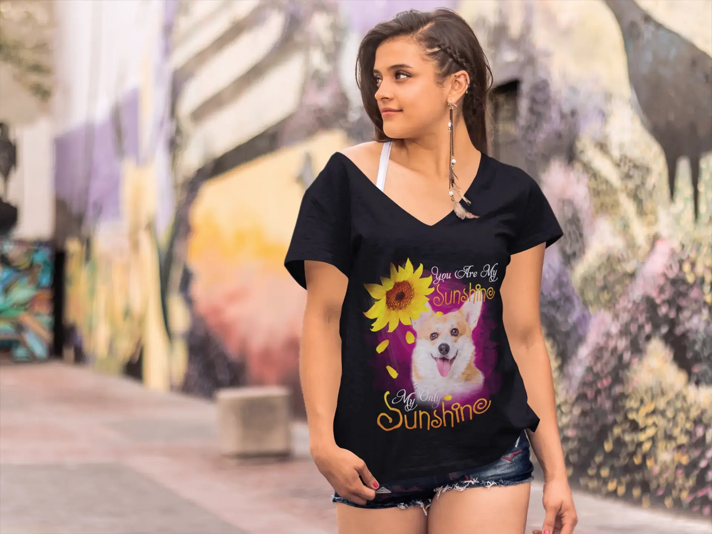 ULTRABASIC Damen-T-Shirt mit V-Ausschnitt My Only Sunshine – Pembroke Welsh Corgi