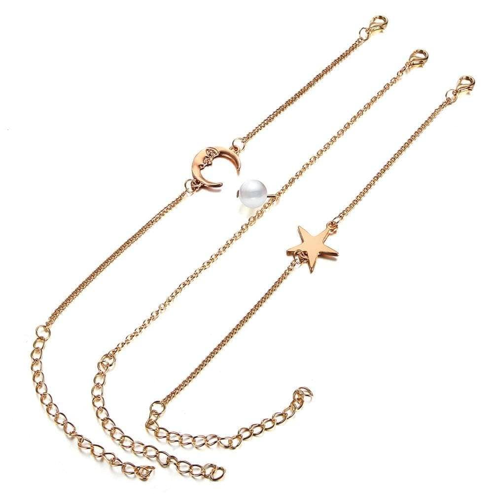 3pcs Women Bracelets Anklets Set Simple Stylish Chains of Pearl Star Moon Shape Bracklet &amp; Anklet Jewelry Accessories - Ultrabasic