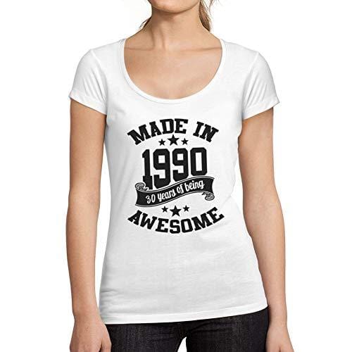 Ultrabasic - Tee-Shirt Femme Col Rond Décolleté Made in 1990 Idée Cadeau T-Shirt pour Le 30e Anniversaire Blanc