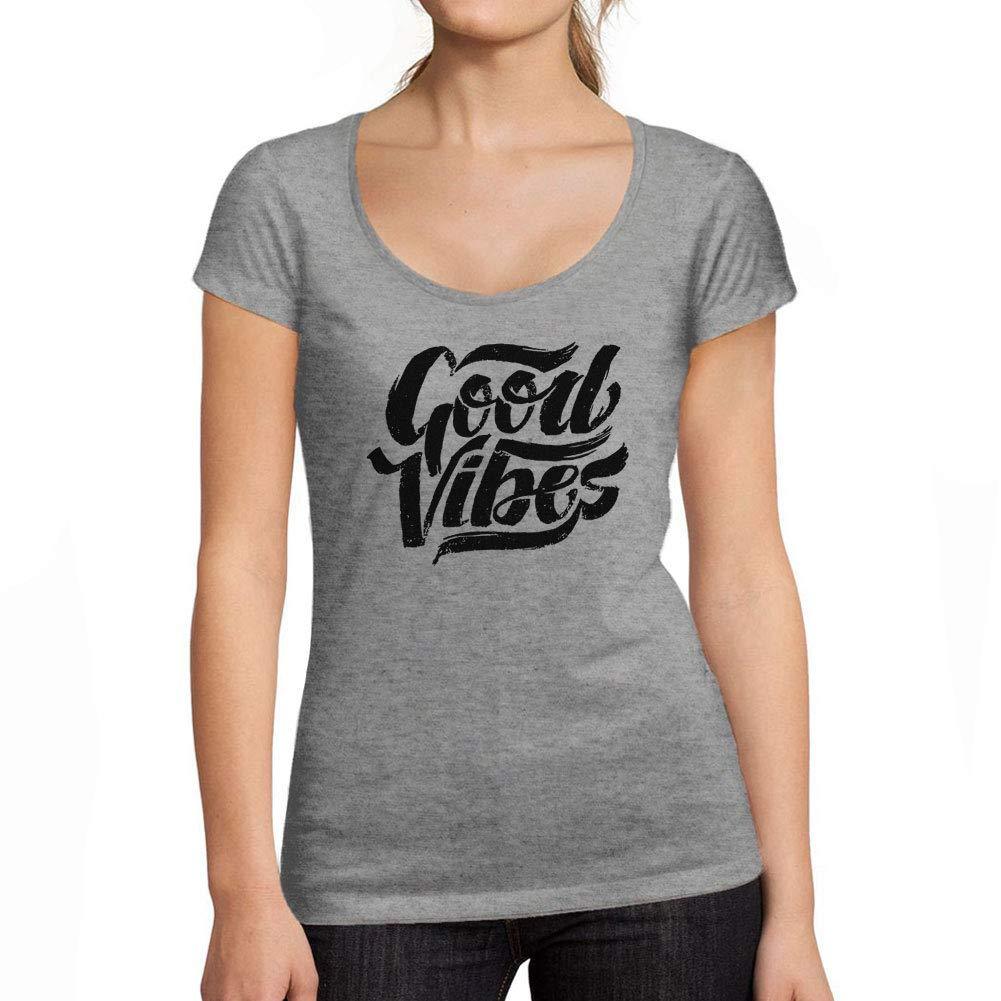 Ultrabasic - Tee-Shirt Femme col Rond Décolleté Bonnes Vibrations Imprimé Lettres Gris Chiné