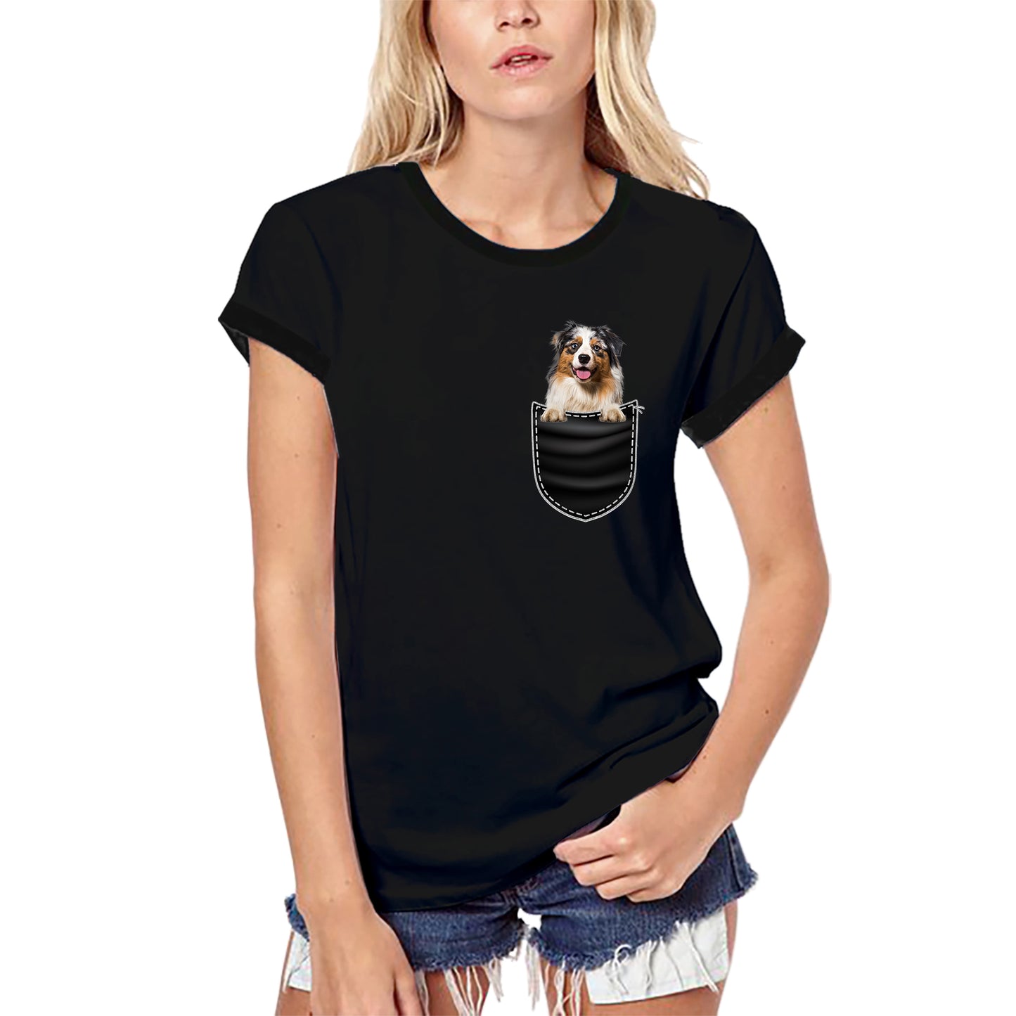 ULTRABASIC Grafik-T-Shirt für Damen, australischer Schäferhund – süßer Hund in der Tasche