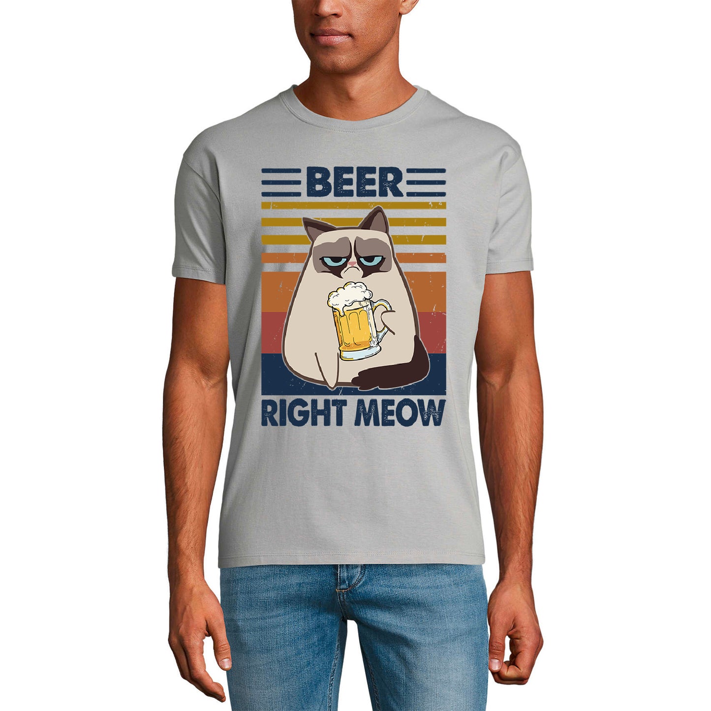 ULTRABASIC Herren T-Shirt Beer Right Meow – Retro Sunset Cat Kitten T-Shirt