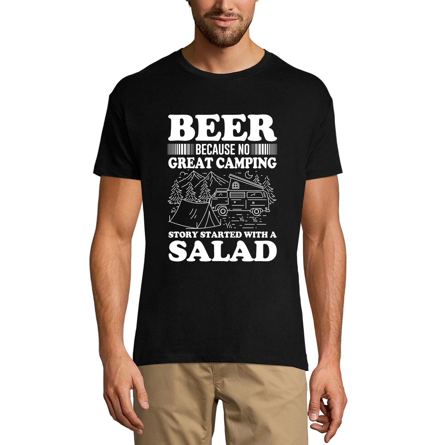 ULTRABASIC Herren-T-Shirt „Beer Because No Great Camping Story Started With a Salad“ – Bierliebhaber-T-Shirt