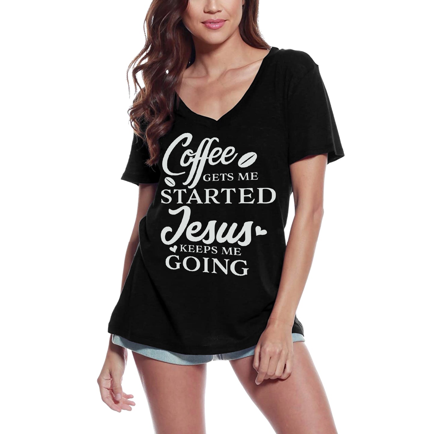 ULTRABASIC Damen T-Shirt Coffee Gets Me Started Jesus Keeps Me Going – Kurzarm-T-Shirt-Oberteile