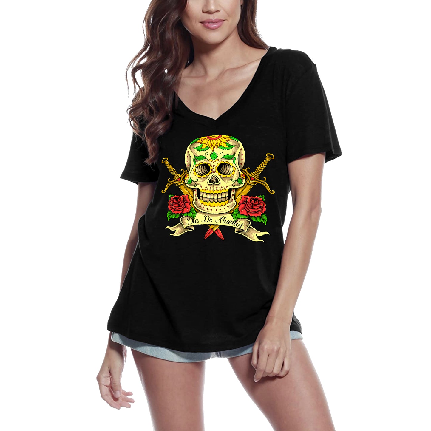 ULTRABASIC Damen-T-Shirt mit V-Ausschnitt, Totenkopf mit Blumen – Goldene Schwerter