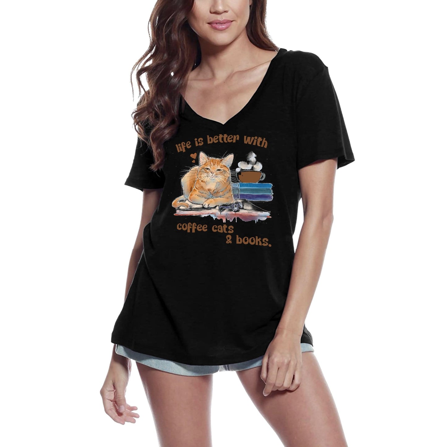 ULTRABASIC Women's T-Shirt Life's Better With Coffee Cats and Books - Cute Short Sleeve Tee Shirt