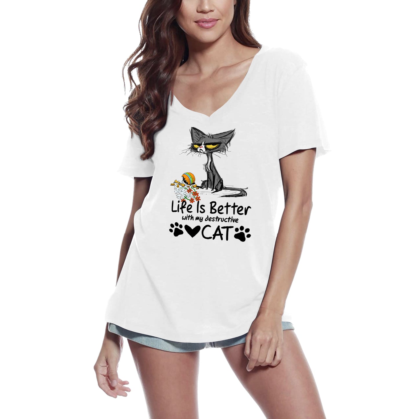 ULTRABASIC Damen-T-Shirt „Life is Better With My Destructive Cat“ – Lustiges Kätzchen-Shirt für Katzenliebhaber