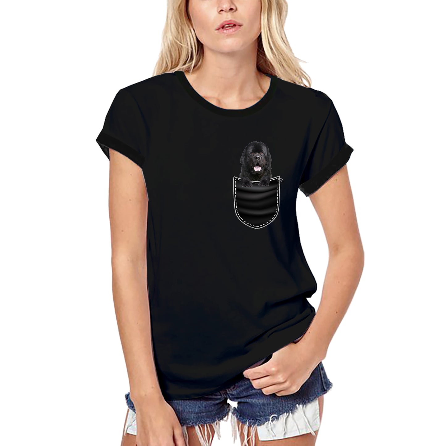 ULTRABASIC Grafik-Damen-T-Shirt Neufundland – Süßer Hund in der Tasche