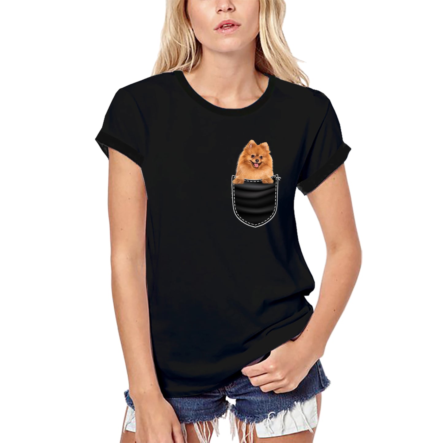 ULTRABASIC Grafik Damen T-Shirt Pomeranian – Süßer Hund in der Tasche