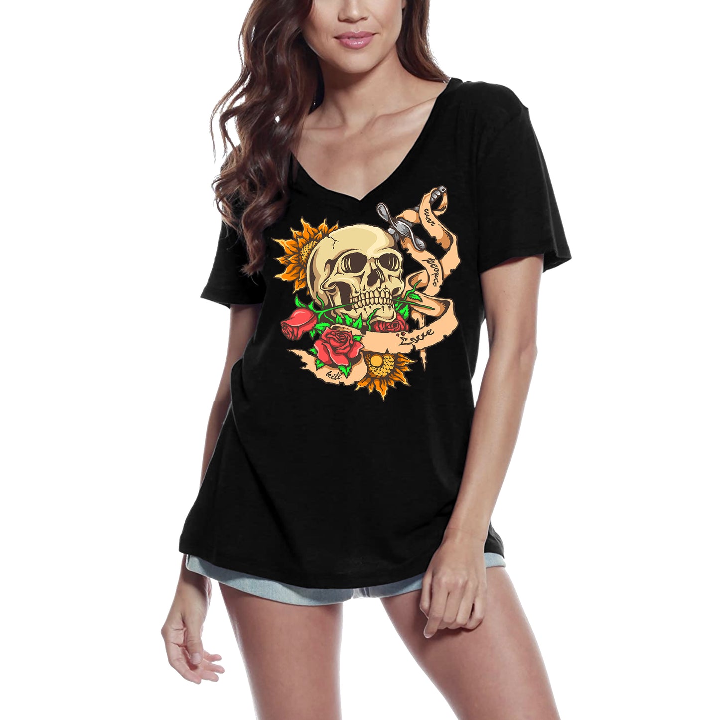 ULTRABASIC Damen-T-Shirt mit V-Ausschnitt War Peace Love Kill – Gruseliger Totenkopf mit roten Rosen