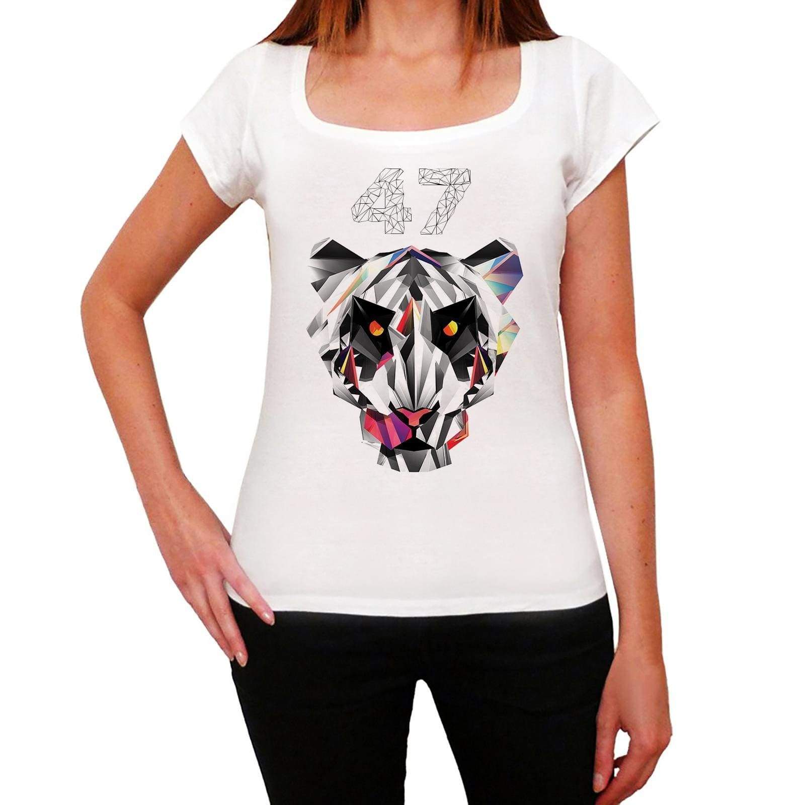 Geometric Tiger Number 47 White Womens Short Sleeve Round Neck T-Shirt 00283 - White / Xs - Casual