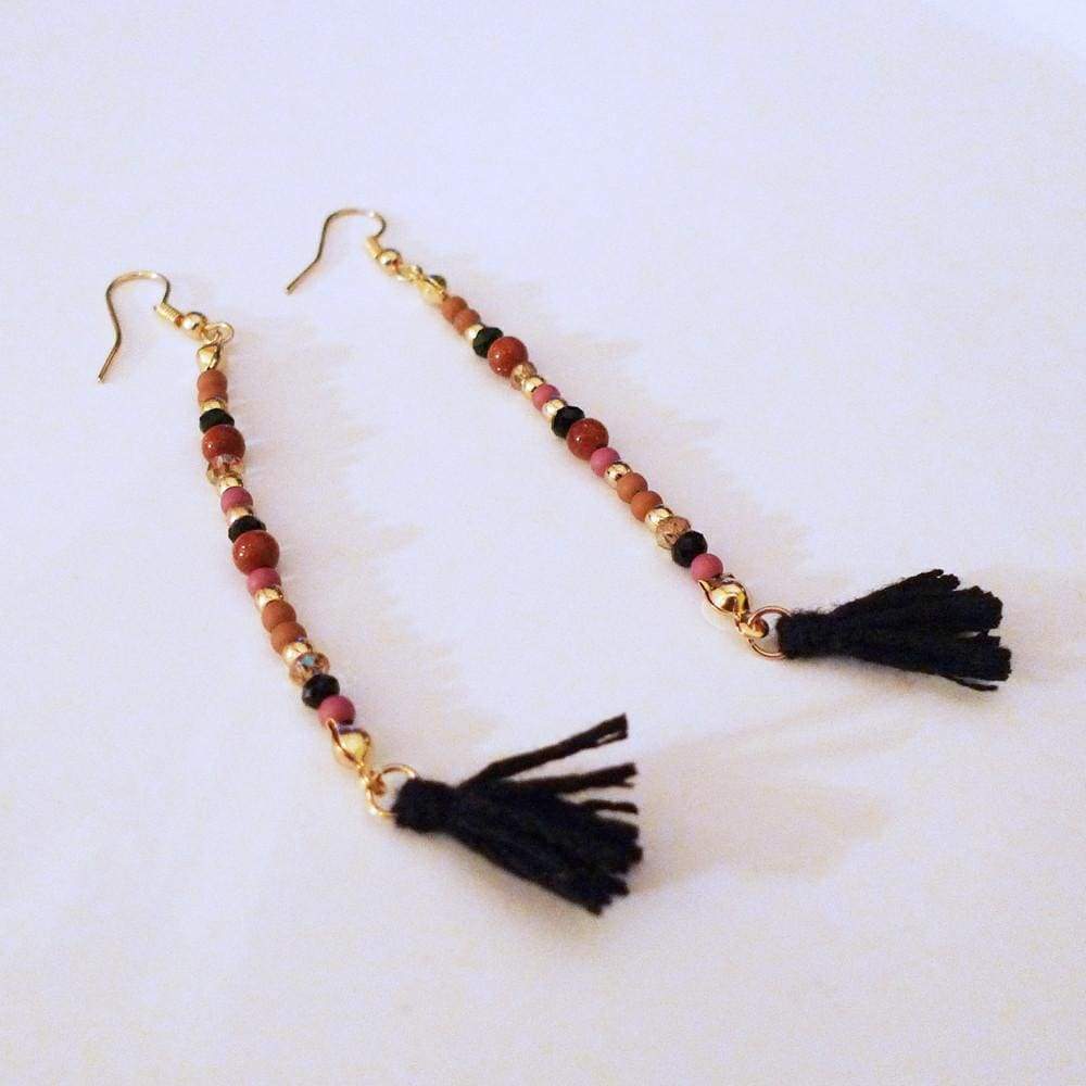 Gold Beads Black Tassel Earrings