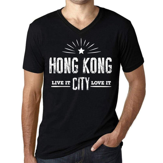 Mens Vintage Tee Shirt Graphic V-Neck T Shirt Live It Love It Hong Kong Deep Black - Black / S / Cotton - T-Shirt