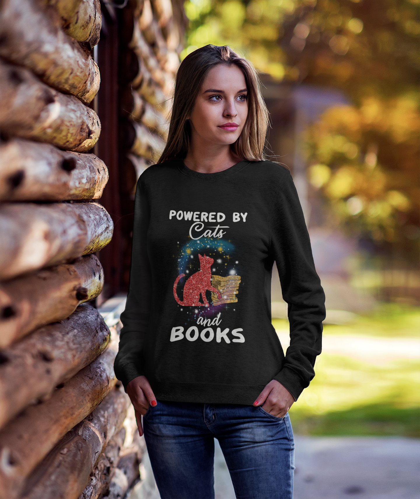 ULTRABASIC Damen-Sweatshirt Powered by Cats and Books – Katzenliebhaber