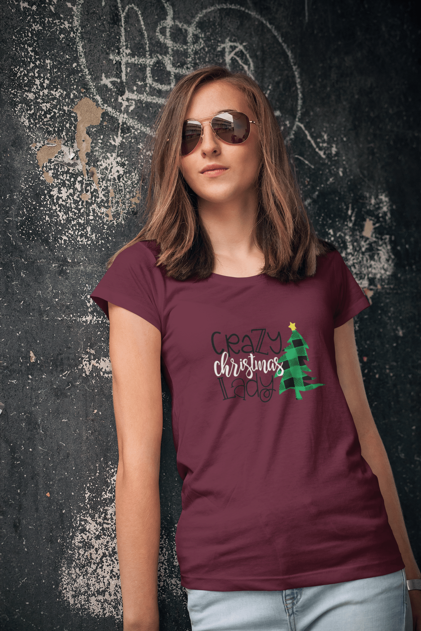 ULTRABASIC - <span>Grafisches</span> <span>Damen</span> -T-Shirt „Crazy Christams Lady“, süße <span>Weihnachtsgeschenkideen</span> , Burgunderrot