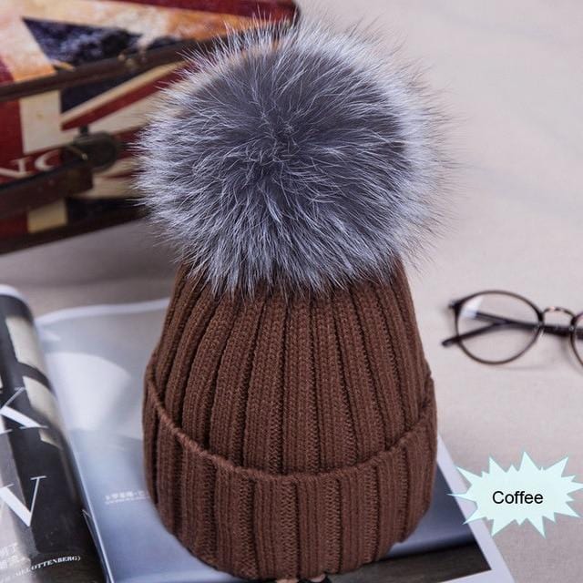 Hot Sale Winter Women Pom Pom Beanies Warm Knitted Bobble Girl Fur Pompom Hats Real Raccoon Fur Pompon Casual Hat Cap