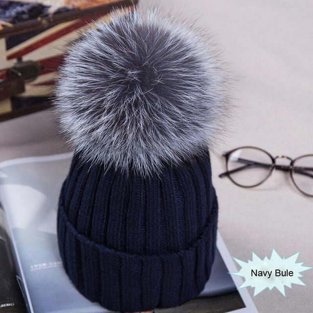 Hot Sale Winter Women Pom Pom Beanies Warm Knitted Bobble Girl Fur Pompom Hats Real Raccoon Fur Pompon Casual Hat Cap