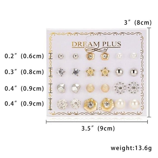 12 Pairs/set Stud Earrings Set With Card Transparent Zircon Balls Love Flowers Earrings Women Imulated Pearl Earrings Jewelry