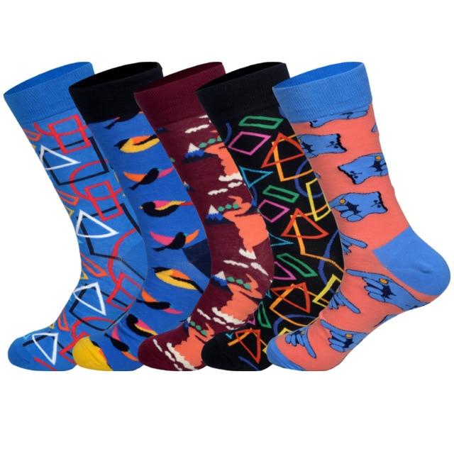 LIONZONE 5Pairs/lot Spring New Arrived Happy Socks Men Funny Art BritishStyle Streetwear Hip Hop Designer Crew Socks Gift Box