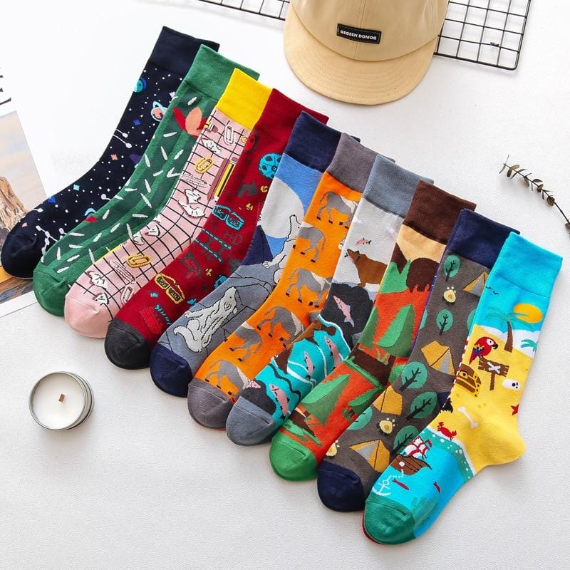 1 Paar männliche Crew-Socken, Herren-Freizeitsocken, Baumwolle, einzigartiges Cartoon-Tier, lustig, niedlich, cool, Unisex-Socken, mittellange asymmetrische AB-Socken