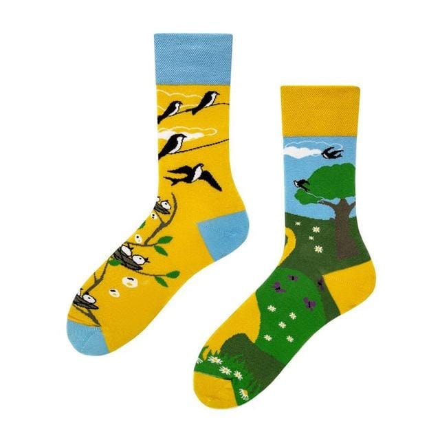 1 Paar männliche Crew-Socken, Herren-Freizeitsocken, Baumwolle, einzigartiges Cartoon-Tier, lustig, niedlich, cool, Unisex-Socken, mittellange asymmetrische AB-Socken