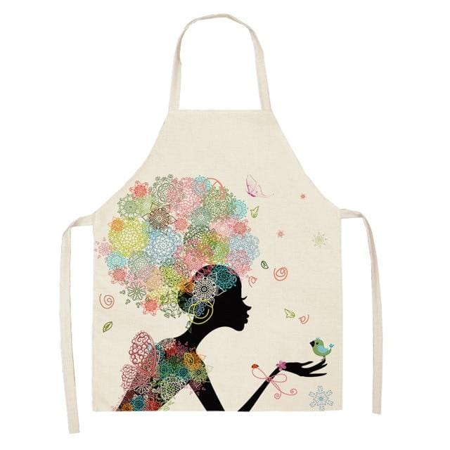 1Pcs Cotton Linen Flower Butterfly Girl Printed Kitchen Aprons for Women Home Cooking Baking Waist Bib Pinafore 53*65cm WQ0034