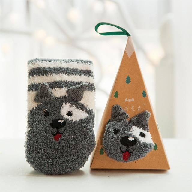 Niedliche Tierdesign Hirsch Weihnachtssocken Geschenk 3D Flauschiger Korallensamt Dicke warme Wintersocke für Frauen Neujahrsgeschenk Sox mit Box