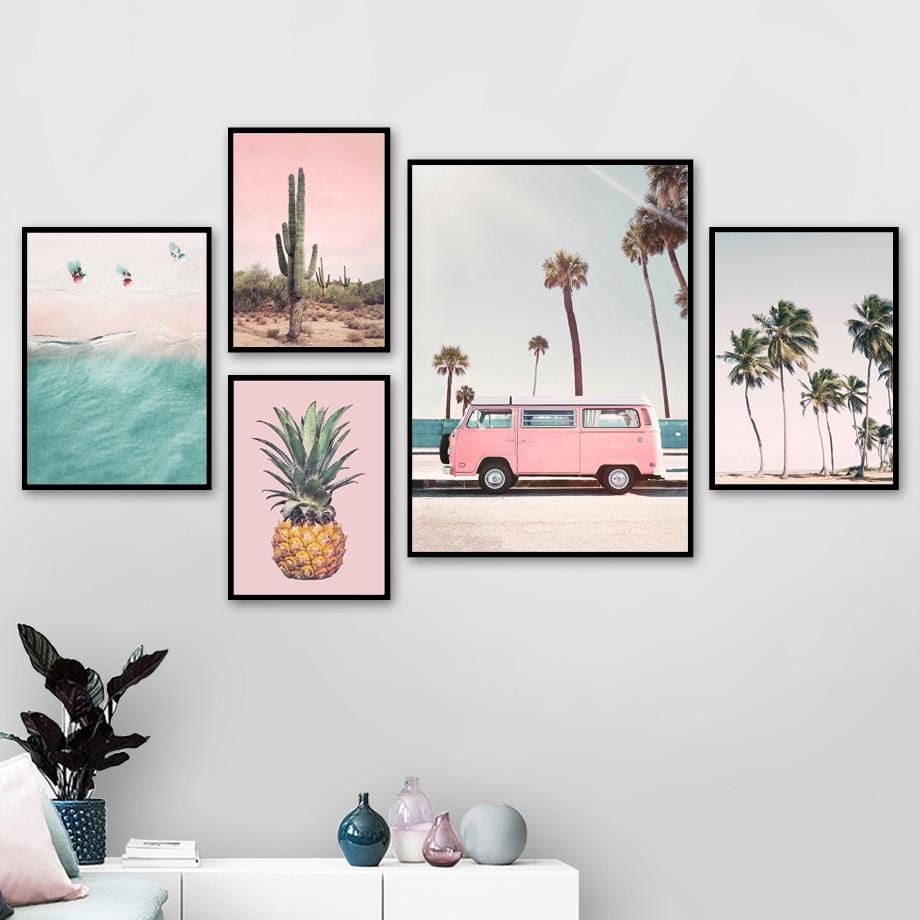 Pink Bus Cactus Pineapple Blue Sea Beach Wall Art Canvas Painting Nordic Posters And Prints Wall Pictures For Living Room Decor