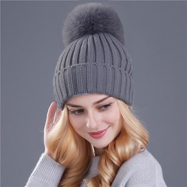 XThree Nerz- und Fuchsfell-Kugelmütze mit Pompons, Wintermütze für Damen und Mädchen, gestrickte Mützen, brandneue dicke Damenmütze