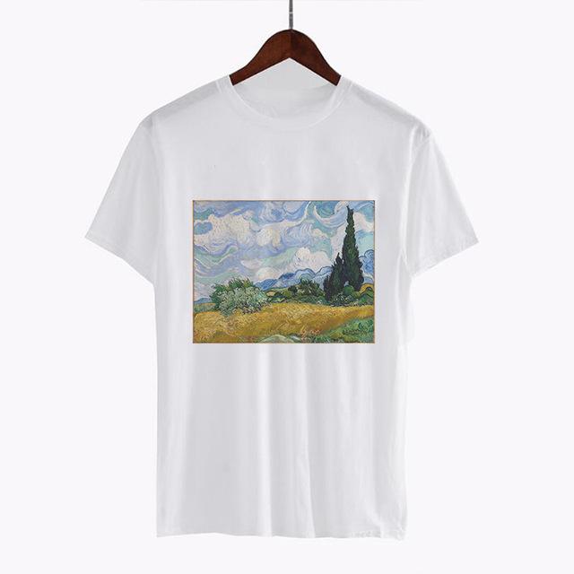 CDJLFH Women Short Sleeve Graphic Tees Tops Vintage T-shirts Vincent van gogh starry night aesthetic White Tshirts Harajuku 2018