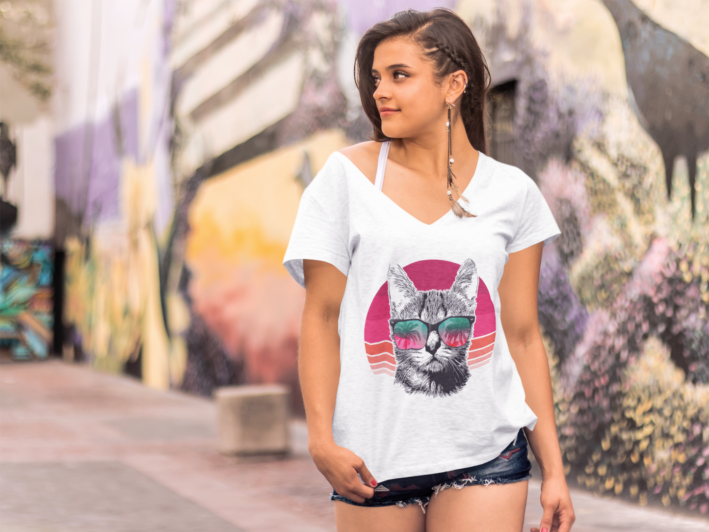ULTRABASIC Damen T-Shirt Katze am Strand – Katzenleben – Geschenk für Haustierliebhaber