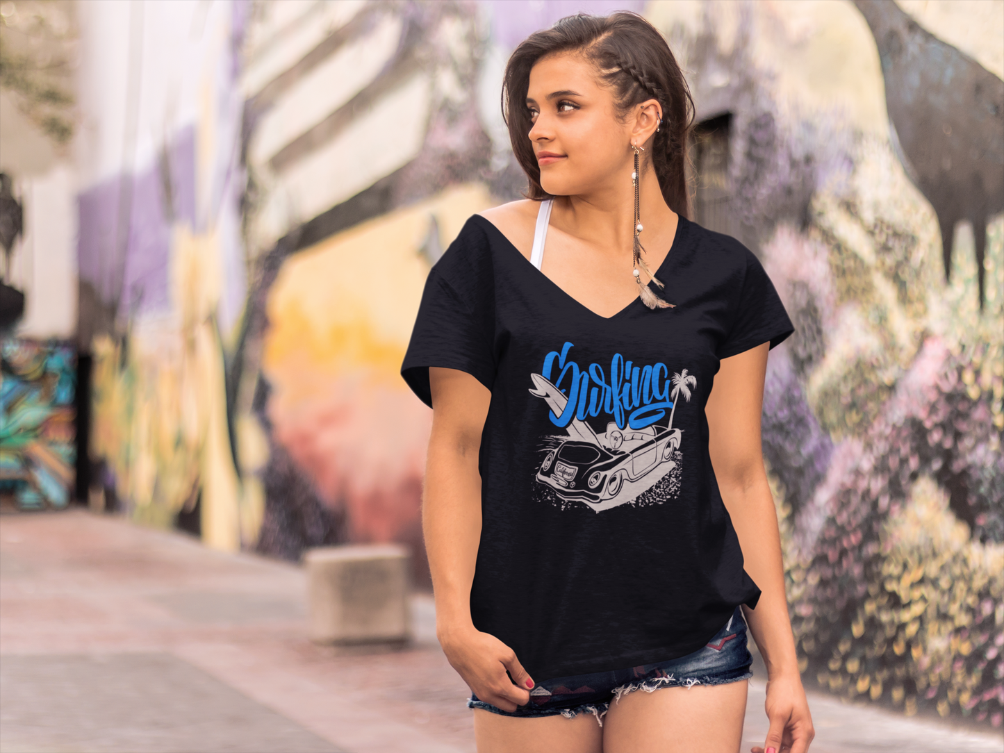ULTRABASIC Damen T-Shirt Surfing Beach – Lustige Kurzarm-T-Shirt-Oberteile
