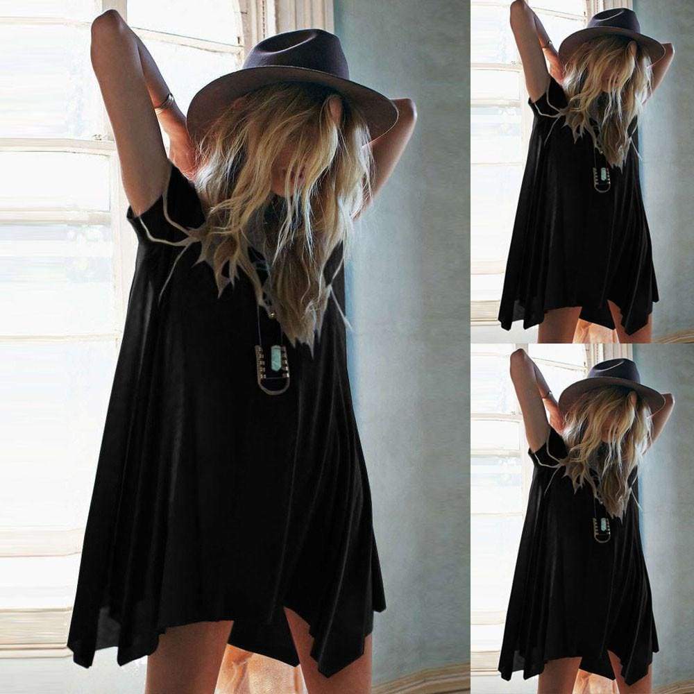 Women Round Neck Loose Irregular Casual Short Sleeve Mini Dress - Black / L