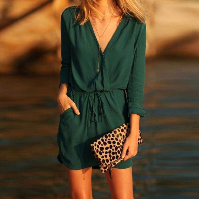 Women V Neck Green Long Sleeve Party Dress Evening Casual Summer Mini Dress - Ultrabasic